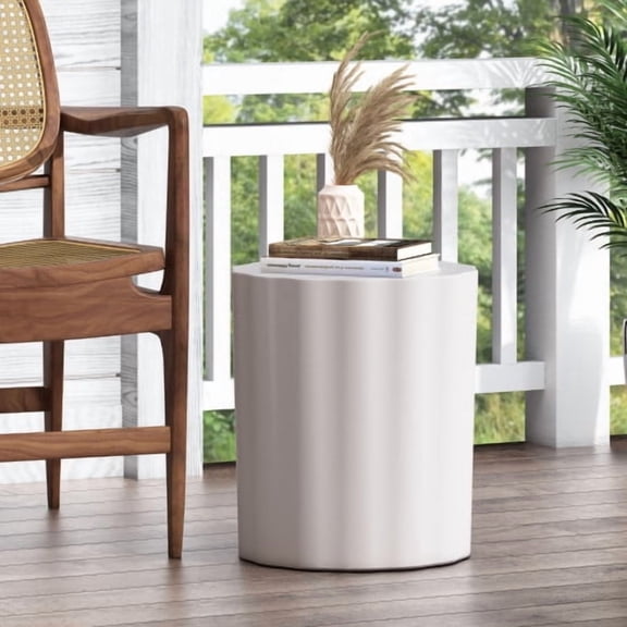 DRNANLIT Antique White Outdoor Lightweight Concrete Side Table, Fluted Cylinder Design, 15.5"x15.5"x18" - No Assembly