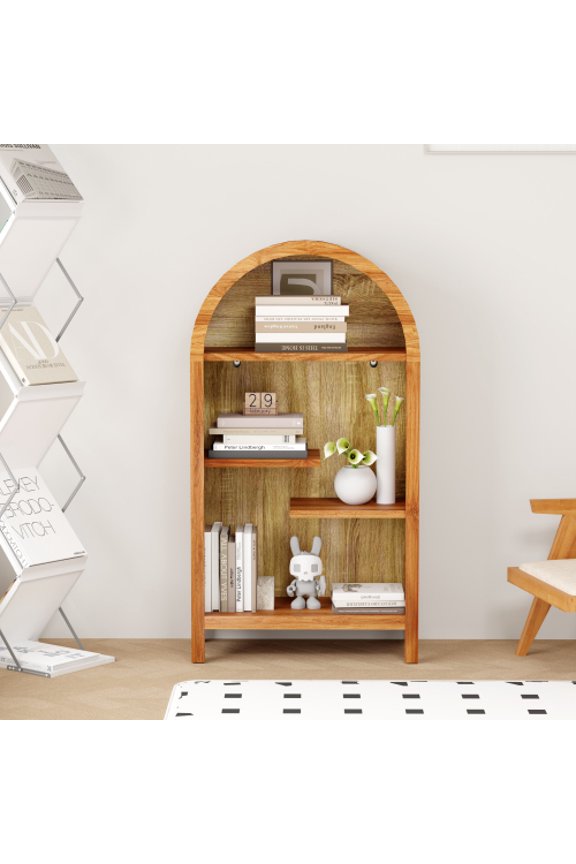 Arched Top 4-Tier Industrial Shelf, Asymmetrical Metal Display Rack, Natural Wood