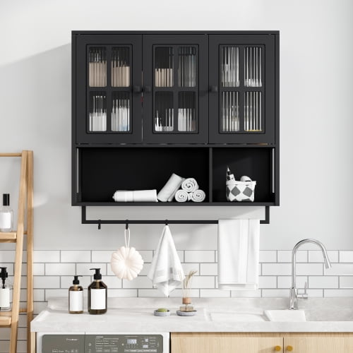 DRNANLIT Bathroom Wall Cabinet, 3-Door Wooden Wall Cabinet with Open and Hidden Storage Space, Cabinet with Glass Door and Towel Bar for Entryway Living Room Bathroom Dining Room,Black