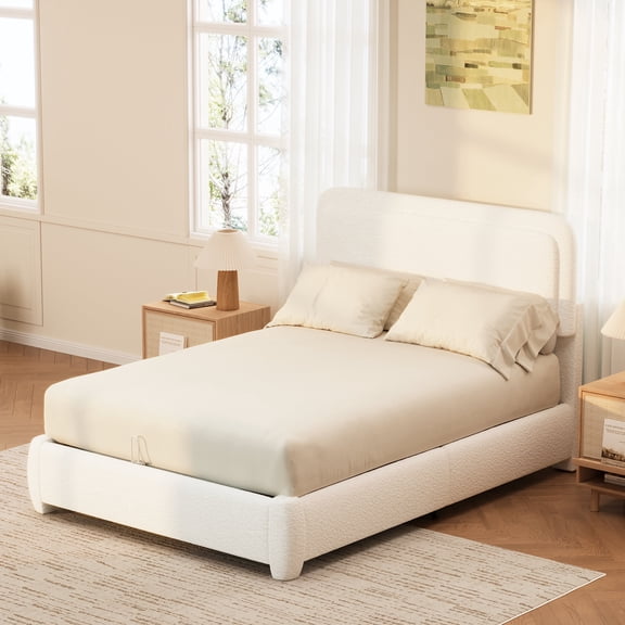 DRNANLIT Boucle Full Bed Frame with Adjustable Height Curved Cloud Headboard, Modern Low Profile Platform Bed, No Box Spring Needed, Easy Assembly, White