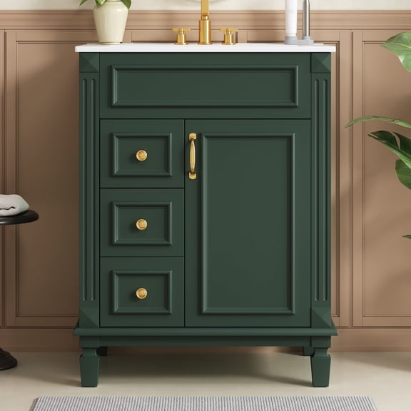 DRNANLIT Compact French Style Bathroom Vanity with Ceramic Sink, Small Bathroom Cabinet with Storage Drawers and Soft Close Hinges, Green