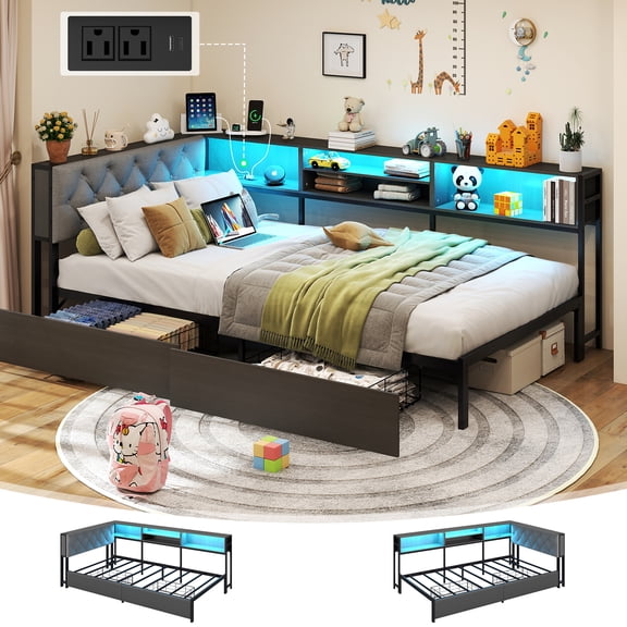 DRNANLIT Corner Bed Frame Twin XL with Storage Bookcase and Headboard, Platform Corner Bed with LED Lights and Charging Station, Twin XL Daybed with Storage Drawers, Dark Gray