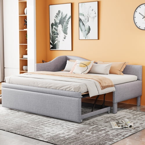 DRNANLIT Daybed with Pop up Trundle, Fabric Upholstered Twin Size Day Bed Pull-Point Sofa Daybed Frame with Twin Roll-Out Trundle, Furniture for Bedroom, Living Room, Guest Room, Gray