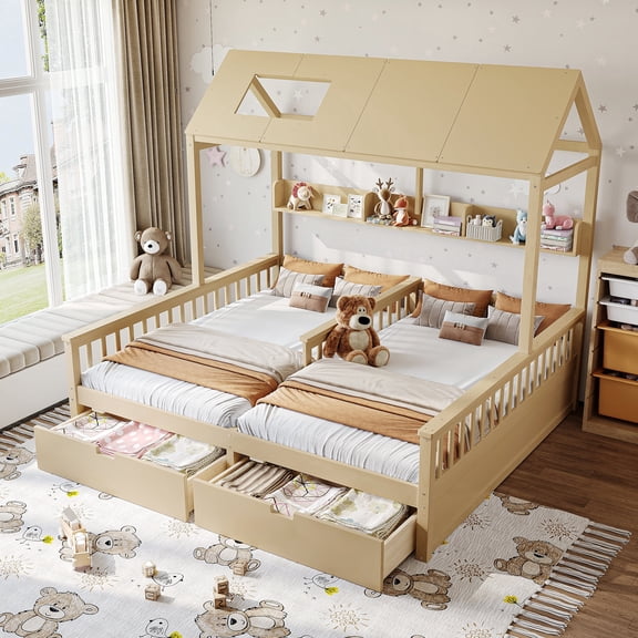 DRNANLIT Double Twin Platform Bed with Storage Shelves and Drawers, House Style Playhouse Design with Support Slats, Low-Profile Solid Wood Frame, Natural