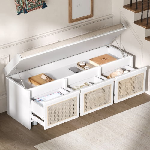 DRNANLIT Entryway Storage Bench with Rattan Drawers & Tufted Cushion, White, for Hallway, 48-Inch