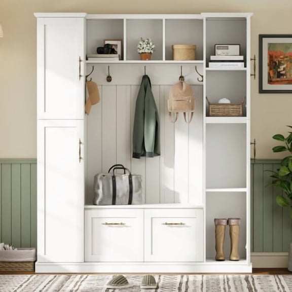 DRNANLIT Farmhouse Elegant Hall Tree with 4 Side Cabinets & Adjustable Shelves, All-in-One Mudroom Bench with Coat Rack & 5 Hooks, White