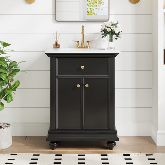 DRNANLIT Farmhouse French Country Bathroom Vanity Cabinet with Soft Close Hinges, Open Back Design for Easy Installation, Adjustable Shelf and Tip-Out Drawer, Black