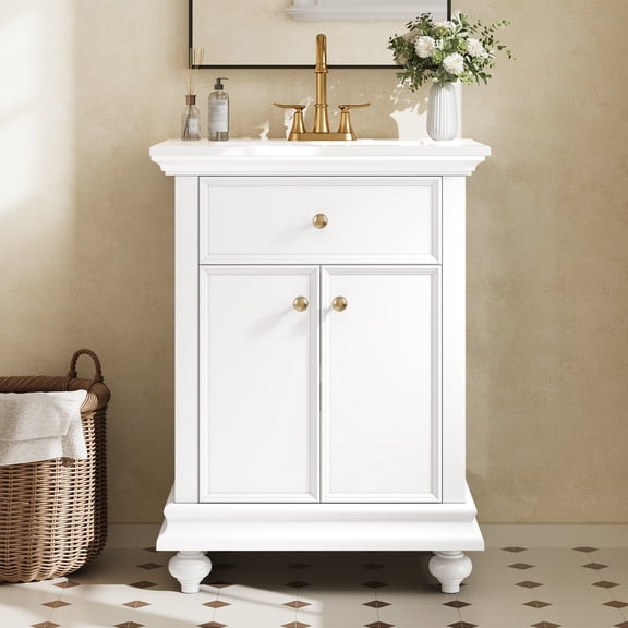 DRNANLIT Farmhouse French Country Bathroom Vanity Cabinet with Soft Close Hinges, Open Back Design for Easy Installation, Adjustable Shelf and Tip-Out Drawer, White