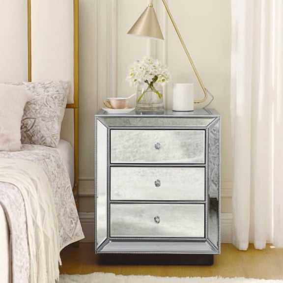 DRNANLIT Flash Silver Mirror 3-Drawer Cabinet with Bead Trim, 21.6"W x 16"D x 26"H, Nightstand for Bedroom Living Room Office