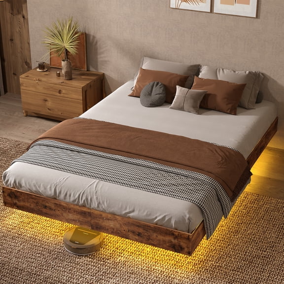 DRNANLIT Queen Size Floating Bed with LED Lights, Metal Platform Bed Frame with Storage, RGB LED Strip & Silent Design, No Box Spring Needed, Brown