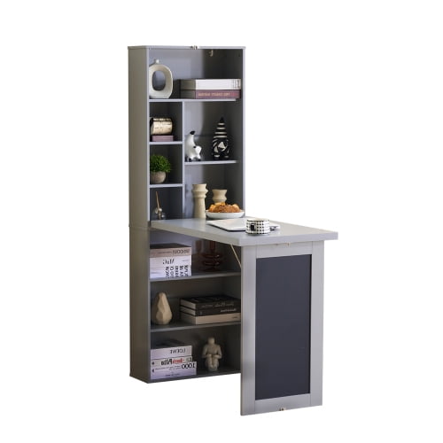DRNANLIT Fold-out Convertible Writing Desk, Wall Mount Table Cabinet with Blackboard and Storage, Space-Saving Murphy Desk, Ancient Grey
