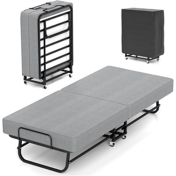 DRNANLIT Portable Folding Bed with Memory Foam Mattress , Portable Roll Away Bed on Wheels, 75"x31",Gray