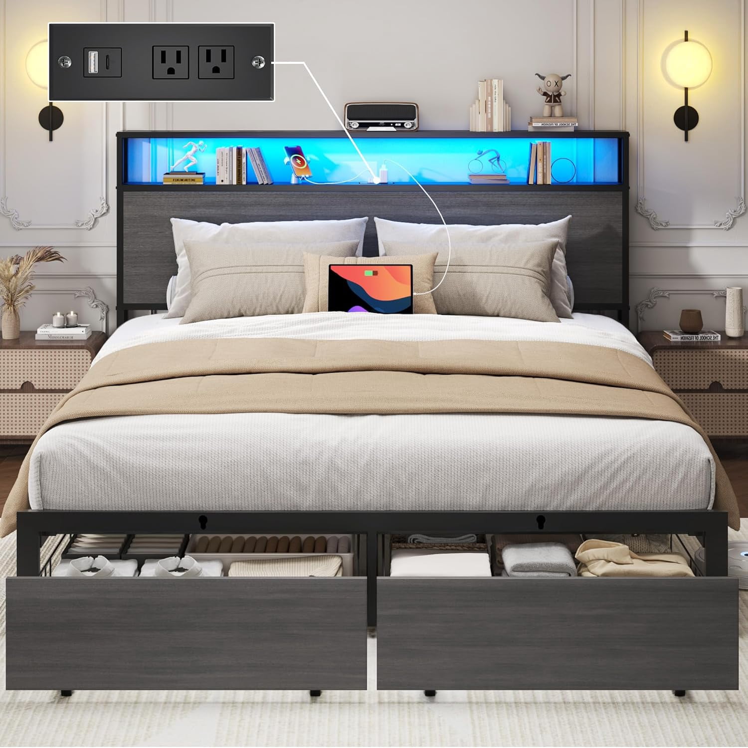 DRNANLIT Full Bed Frame with 2-Tier Storage Headboard, Metal Bed Frame with 2 Drawers & Built-in Charging Station & LED, Noise-Free, No Box Spring Needed, Easy Assembly,Black Grey