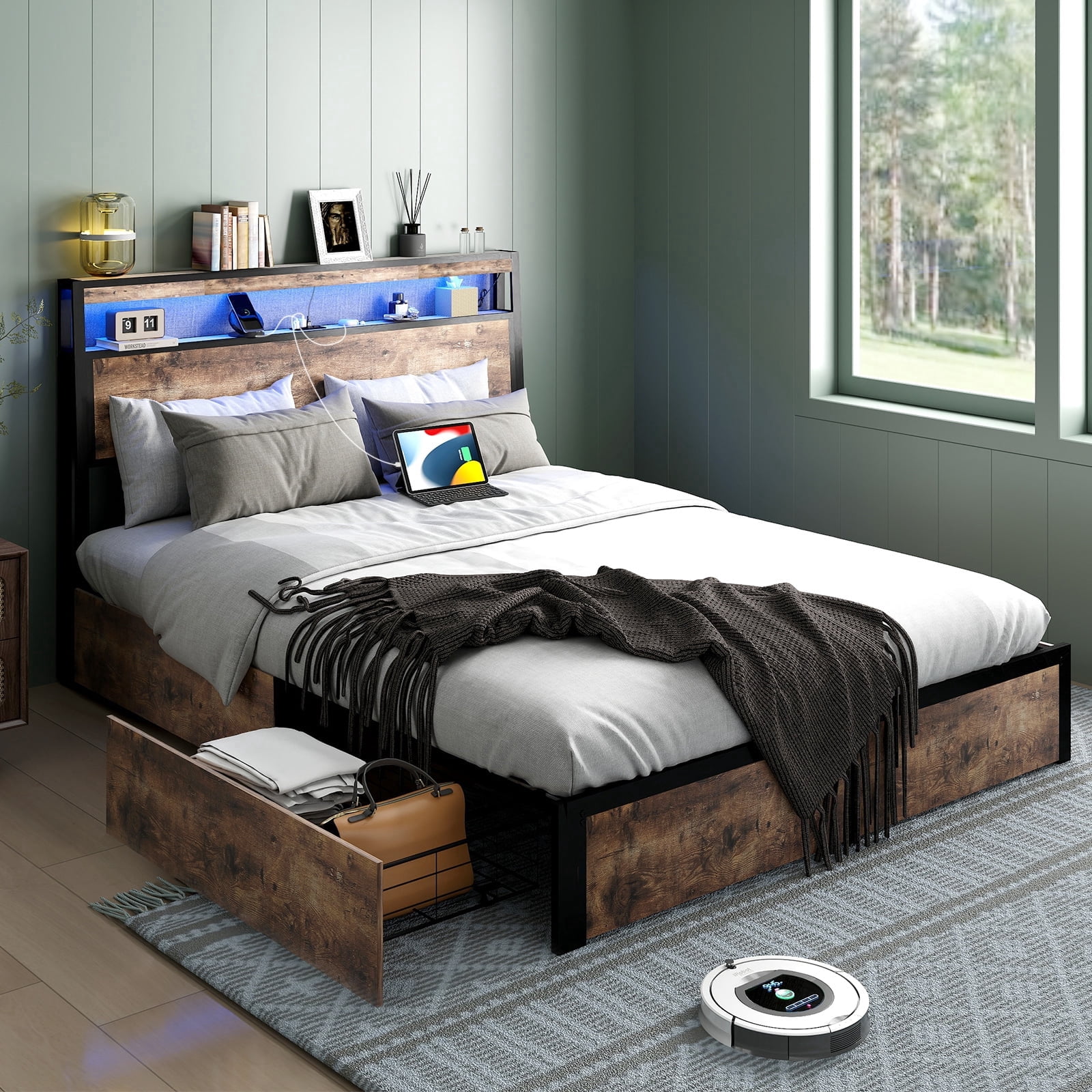 DRNANLIT Full Bed Frame with Storage Headboard and 4 Drawers, Metal Platform Bed Frame with LED Light, Charging Station, No Box Spring Needed, Easy Assembly, Vintage Brown