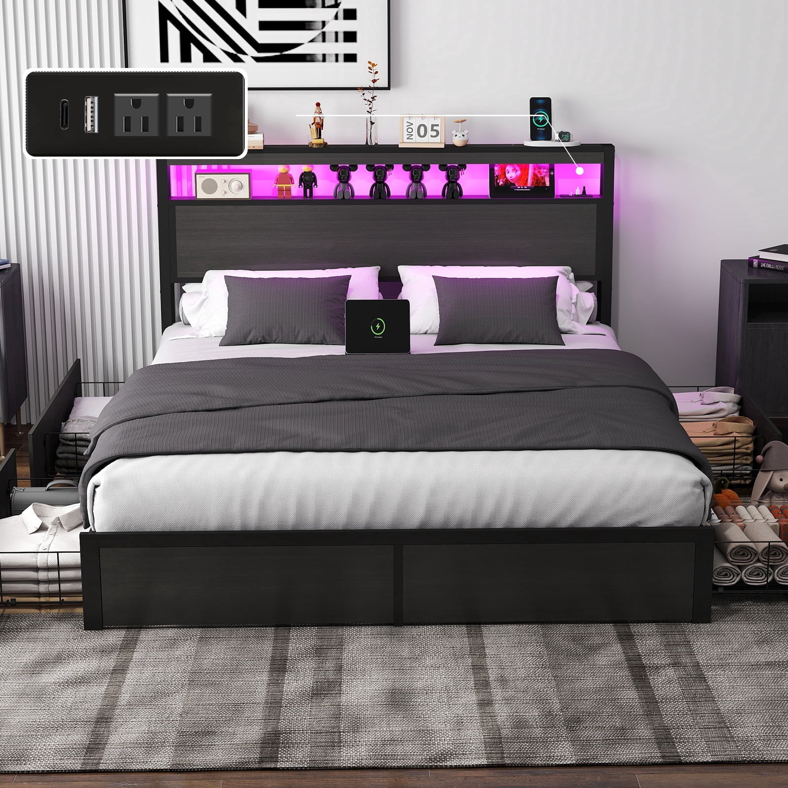 DRNANLIT Full Bed Frame with Storage Headboard and 4 Drawers, Metal Platform Bed Frame with LED Light, Charging Station, No Box Spring Needed, Noise Free, Easy Assembly, Dark Grey