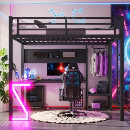 DRNANLIT Full Loft Bed with L-Shaped Desk, USB Ports, Computer Tray, Peg Board & Z-Shaped Lights, Black