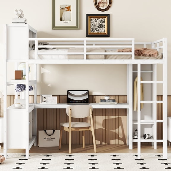 DRNANLIT Full Metal Loft Bed with Desk & Wardrobe - All-in-One Space Saver with L-Shaped Workstation & Closet, Dorms & Small Apartments, Sturdy & Easy Assembly, White