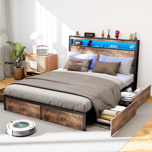 DRNANLIT Full Size Bed Frame with 4 Storage Drawers and 2-Tier Solid Wood Headboard Storage with Charging Station, Metal Platform Bed with LED Lights, Noise Free, No Box Spring Needed/Remote Control