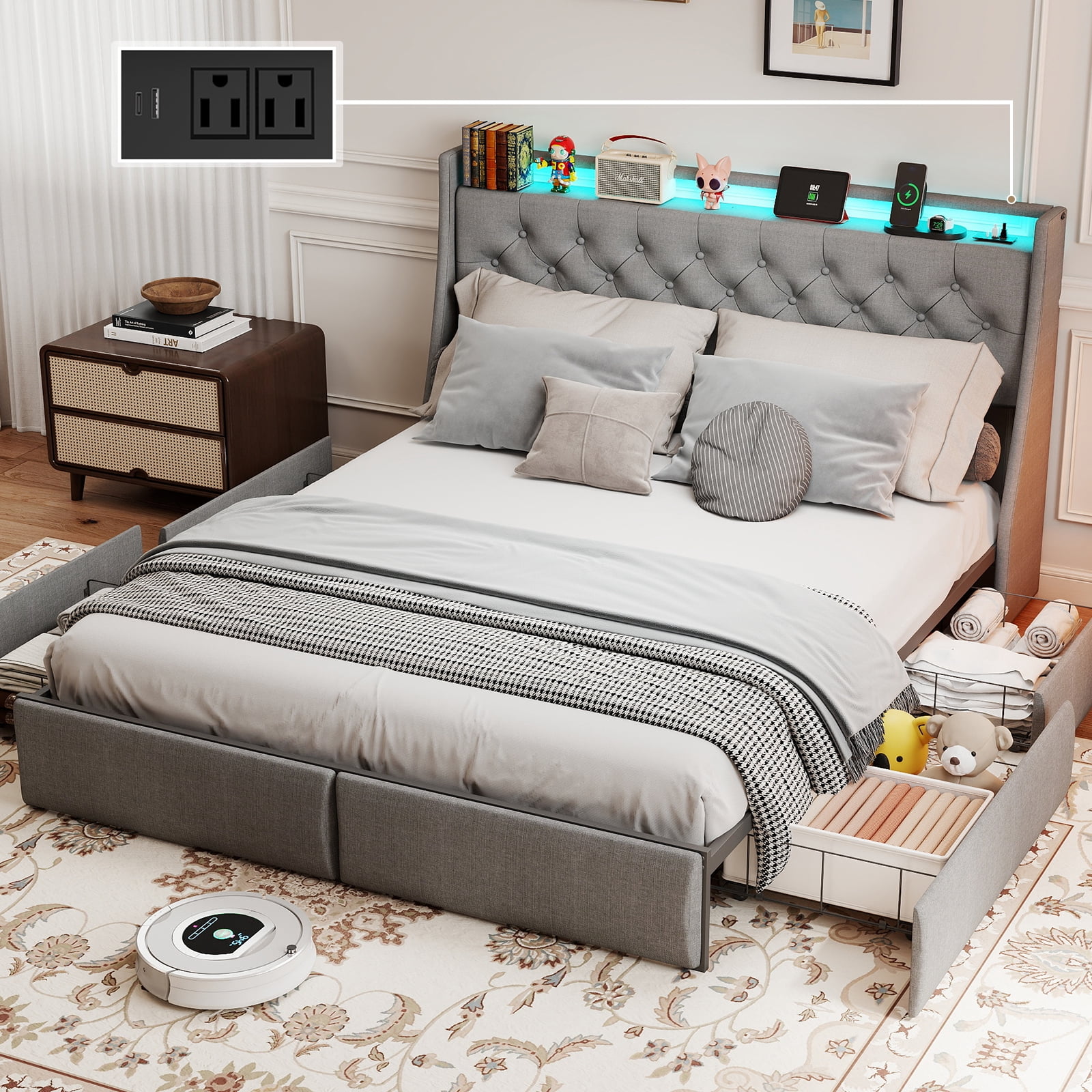 DRNANLIT Full Size Bed Frame with 4 Storage Drawers and LED Lights,Bed ...