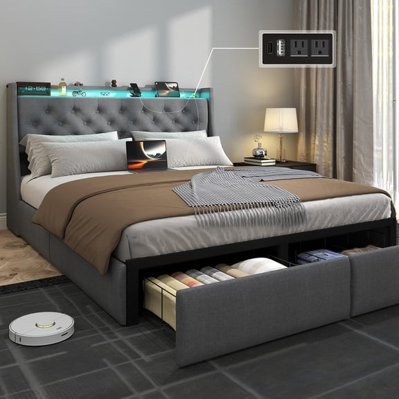 DRNANLIT Full Size Bed Frame with Deluxe Wingback Button Tufted Storage Headboard and 2 Storage Drawers, Upholstered Platform Beds with Charging Station and LED Lights, Gray