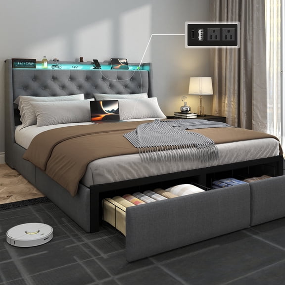 DRNANLIT Full Size Bed Frame with Headboard and 2 Storage Drawers, Upholstered Wingback Platform Bed Frame with Charging Station & LED, Noise Free, No Box Spring Needed,Grey