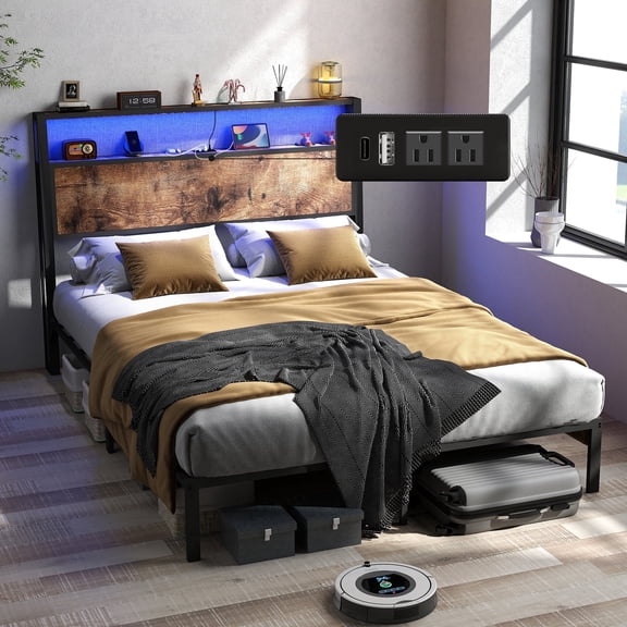 DRNANLIT Full Size Bed Frame with Headboard, Metal Platform Bed Frame with LED Lights & Charging Station, Under Bed Storage, Solid and Stable, No Box Spring Needed,Easy Assembly, Vintage Brown