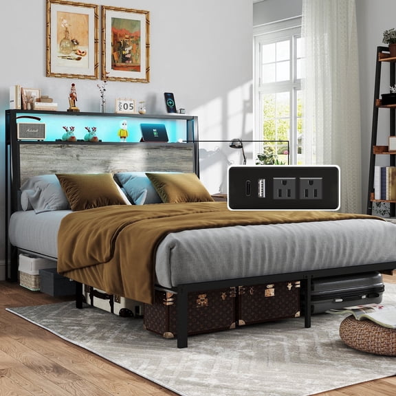 DRNANLIT Full Size Bed Frame with Headboard, LED Lights, Charging Station & Under Bed Storage, Rustic Grey