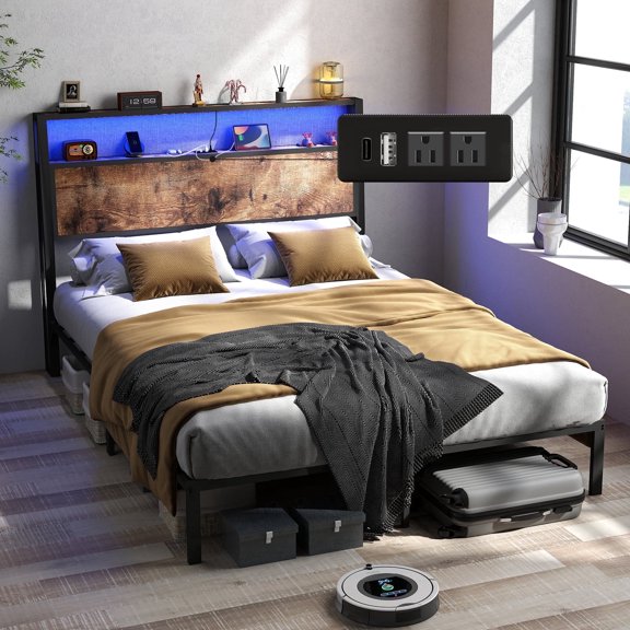 DRNANLIT Full Size Bed Frame with Headboard, Metal Platform Bed Frame with LED Lights & Charging Station, Under Bed Storage, Solid and Stable, No Box Spring Needed,Easy Assembly, Vintage Brown