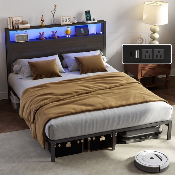 DRNANLIT Full Size Metal Platform Bed Frame with LED Lights, Charging Station & Under Bed Storage, Dark Grey