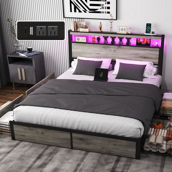 DRNANLIT Full Size Bed Frame with Storage Headboard, Metal Platform King Bed Frame Wood with 4 Drawers, LED Light, Charging Station, No Box Spring Needed, Noise Free,Grey