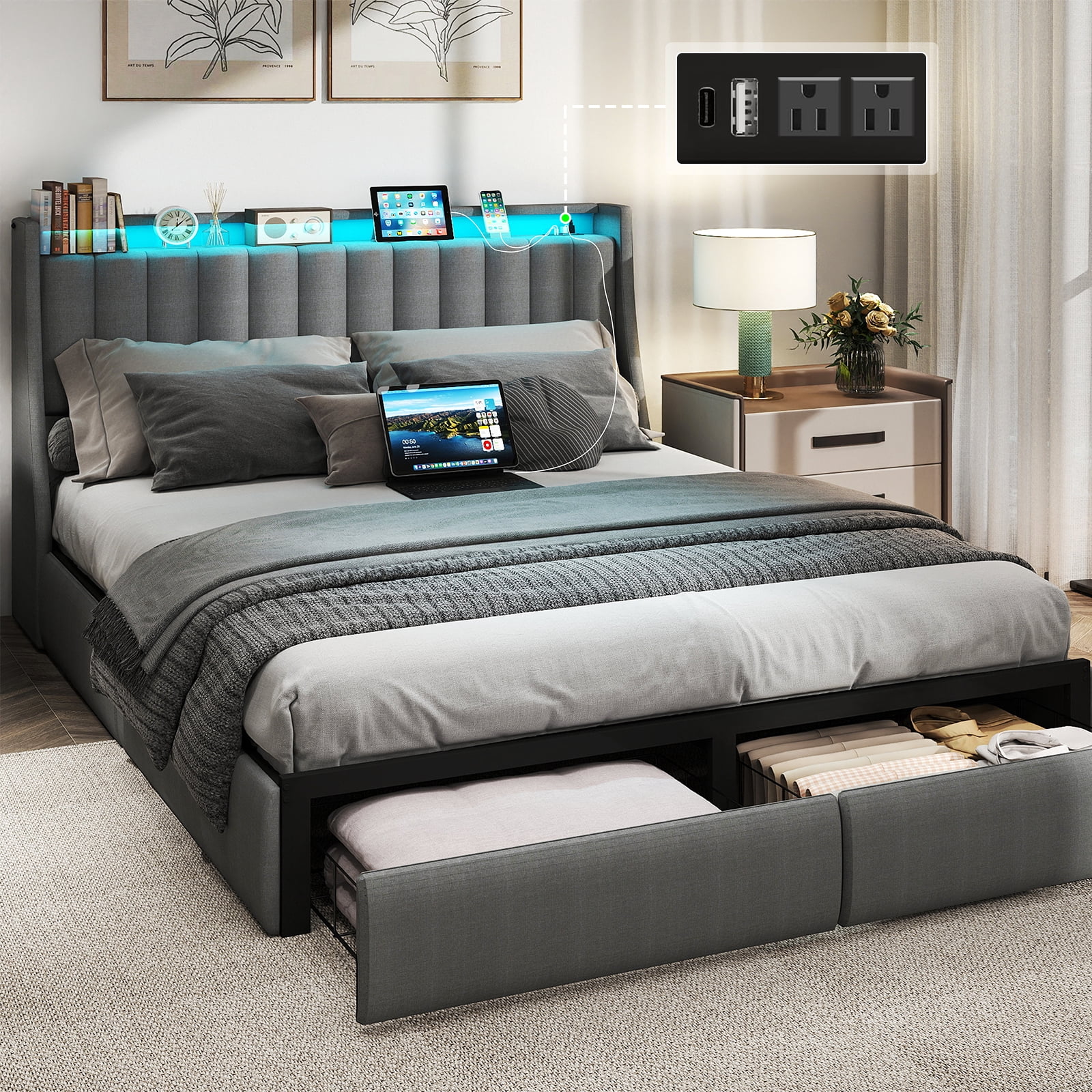 DRNANLIT Full Size Bed Frame with 2 Drawers & 2-Tier Storage Shelf Upholstered Bed Frame with Headboard & Storage & LED Lights & Charge Station, Gray