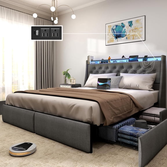 DRNANLIT Full Size Bed Frame with Charging Station , LED Light Upholstered Bed with 4 Storage Drawers,Grey