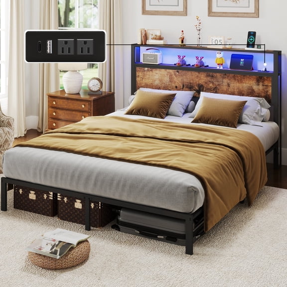 DRNANLIT Full Size  Bed Metal Platform Bed Frame with LED Lights ，2 Tiers Storage Headboard,Charging Station,Noise Free, Easy Assembly,Vintage Brown