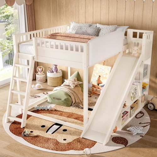DRNANLIT Full Size Loft Bed with Upholstered Headboard, Storage Shelves, Ladder & Slide, Beige