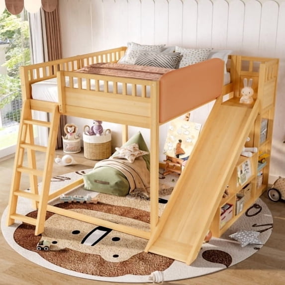 DRNANLIT Full Size Loft Bed with Upholstered Headboard, Storage Shelves, Ladder & Slide, Natural