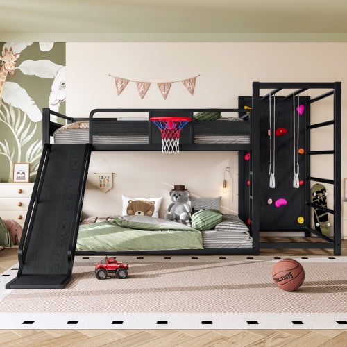 DRNANLIT Full Size Metal Loft Bed with Basketball Hoop, Climbing Wall, Pull-Up Rings, Slide & Built-in Bookshelves, Black