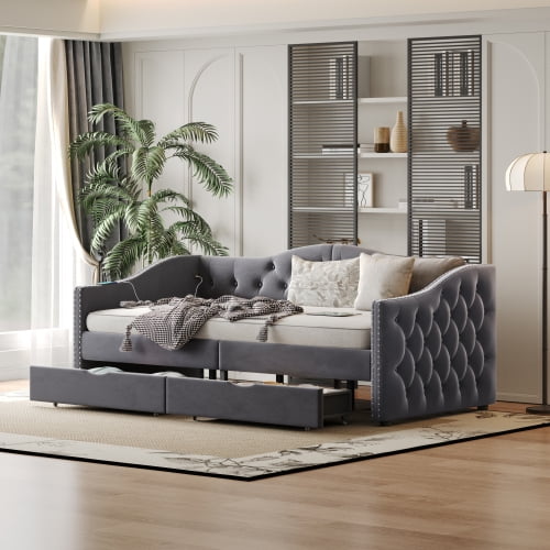 DRNANLIT Full Size Upholstered Daybed with 2 Storage Drawers & USB Charging, Mid-Century Boucle Cloud Bed Frame with Diamond Tufted Wingback Headboard, Solid Wood Slats Support,Grey