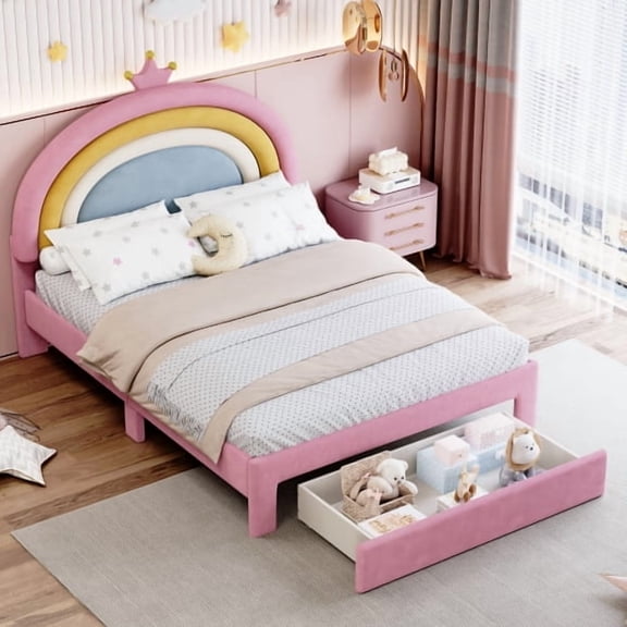 DRNANLIT Full Size Upholstered Rainbow Design Bed, Velvet Princess Platform Bed with Storage Drawer, No Box Spring, Pink