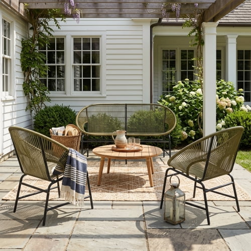 DRNANLIT Green 4-Piece Outdoor Patio Chat Set PE Rattan Iron Frame Acacia Wood Table