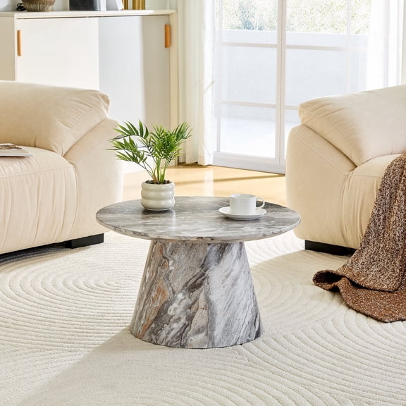 DRNANLIT Grey Textured Medium Density Fiberboard Round Coffee Table - 23.6" Diameter, 13.8" Height, Exquisite Wood Grain Surface, Flexible Matching Design, Grey