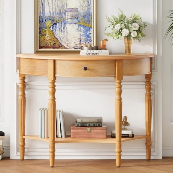 DRNANLIT Half Moon Console Table with Drawer & Shelf, Rustic Solid Wood, Natural for Entryway Hallway