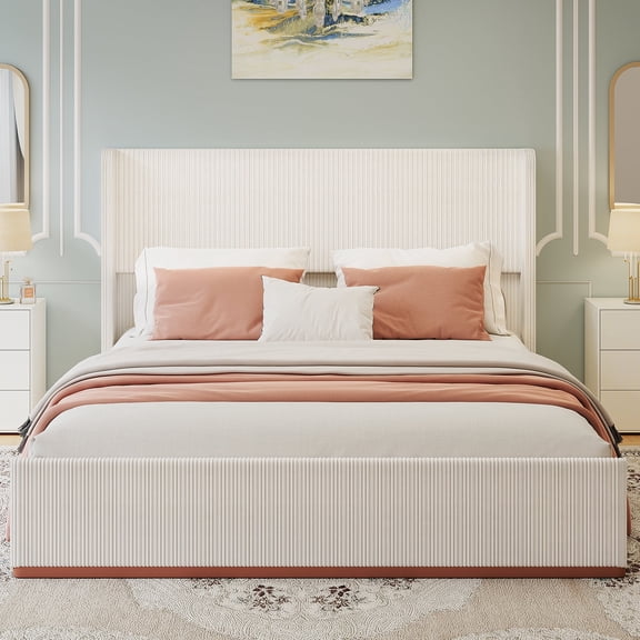 DRNANLIT King Bed Frame with 47” Upholstered Wingback Headboard, Soft CorduroyNoise-Free Platform Bed with Steel Frame,Cream White