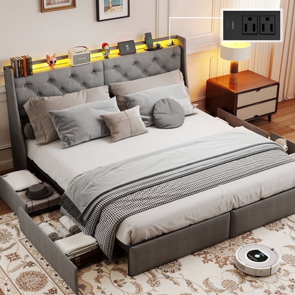 DRNANLIT King Size Bed Frame with 4 Storage Drawers and LED Lights,Bed Frame with Upholstered Headboard and Charging Station, Steel Slat Support, No Box Spring Needed, Gray