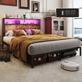thumbnail image 1 of DRNANLIT King Size Bed Frame with Headboard, LED Lights, Charging Station & Under Bed Storage, Vintage Brown, 1 of 9