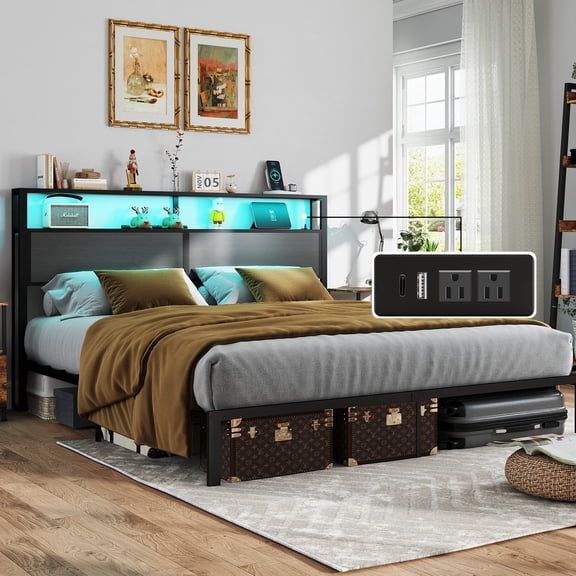 DRNANLIT King Size Bed Frame with Headboard, Metal Platform Bed Frame with LED Lights & Charging Station, Under Bed Storage, Solid and Stable, No Box Spring Needed, Noise Free,Dark Grey