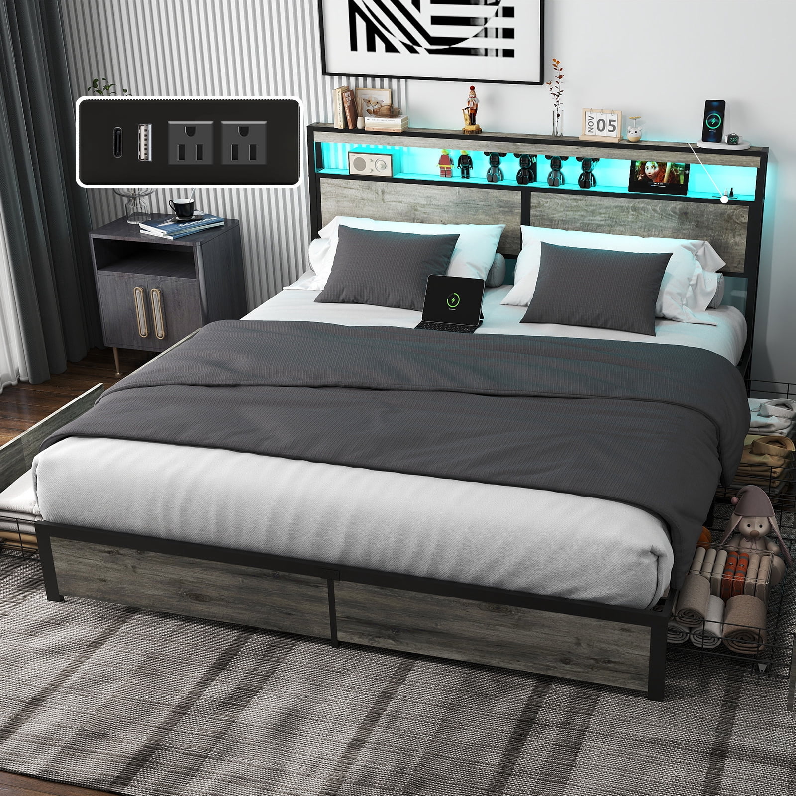 DRNANLIT King Size Bed with Storage Headboard, 4 Drawers, LED Lights, Charging Station, Metal Platform, No Box Spring Needed, Grey