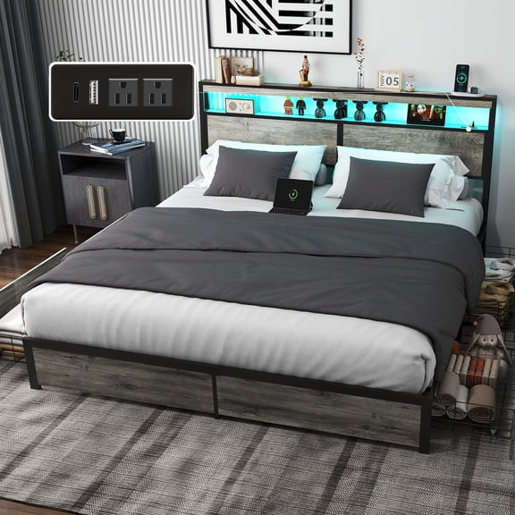 DRNANLIT King Size Bed with Storage Headboard, 4 Drawers, LED Lights, Charging Station, Metal Platform, No Box Spring Needed, Grey