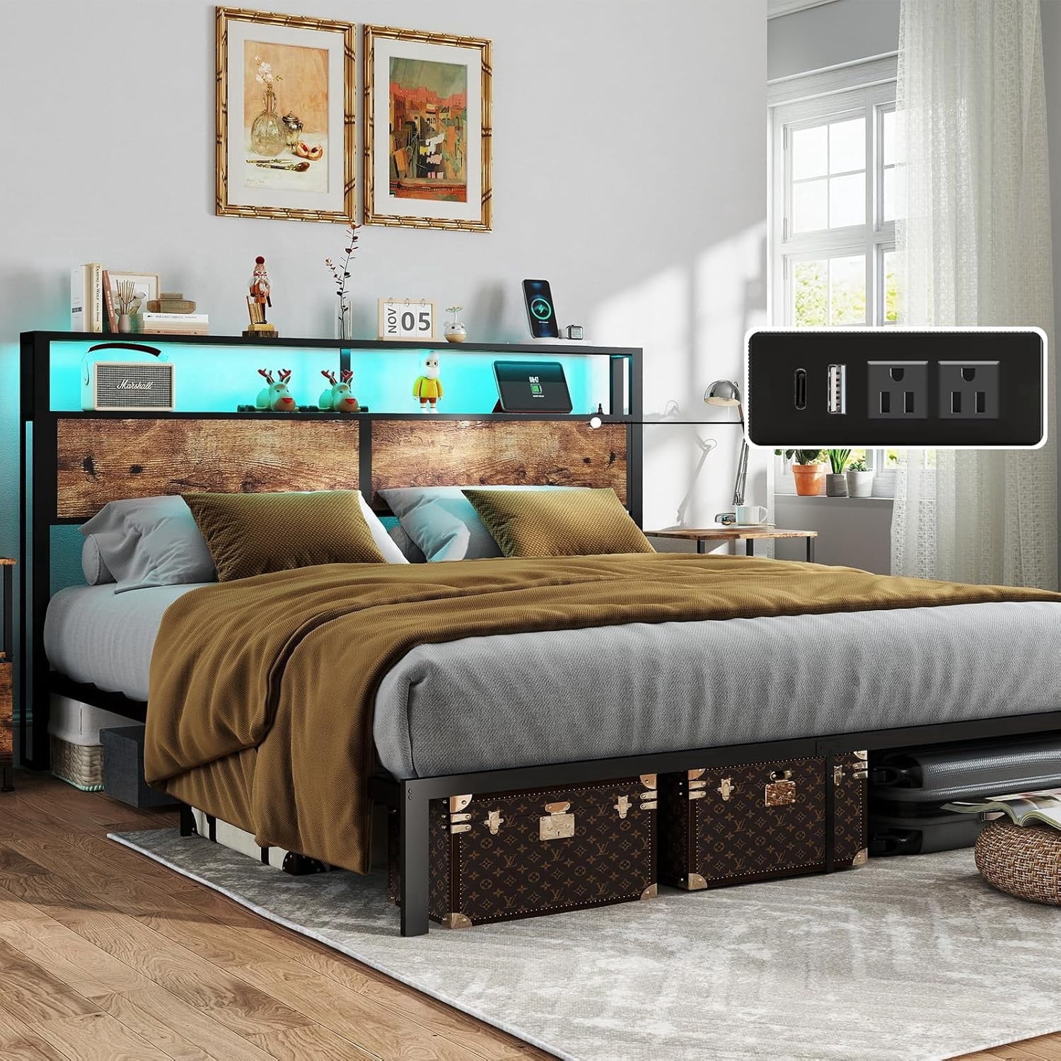DRNANLIT King Size  Bed Metal Platform Bed Frame with LED Lights ，2 Tiers Storage Headboard,Charging Station,Noise Free, Easy Assembly,Vintage Brown