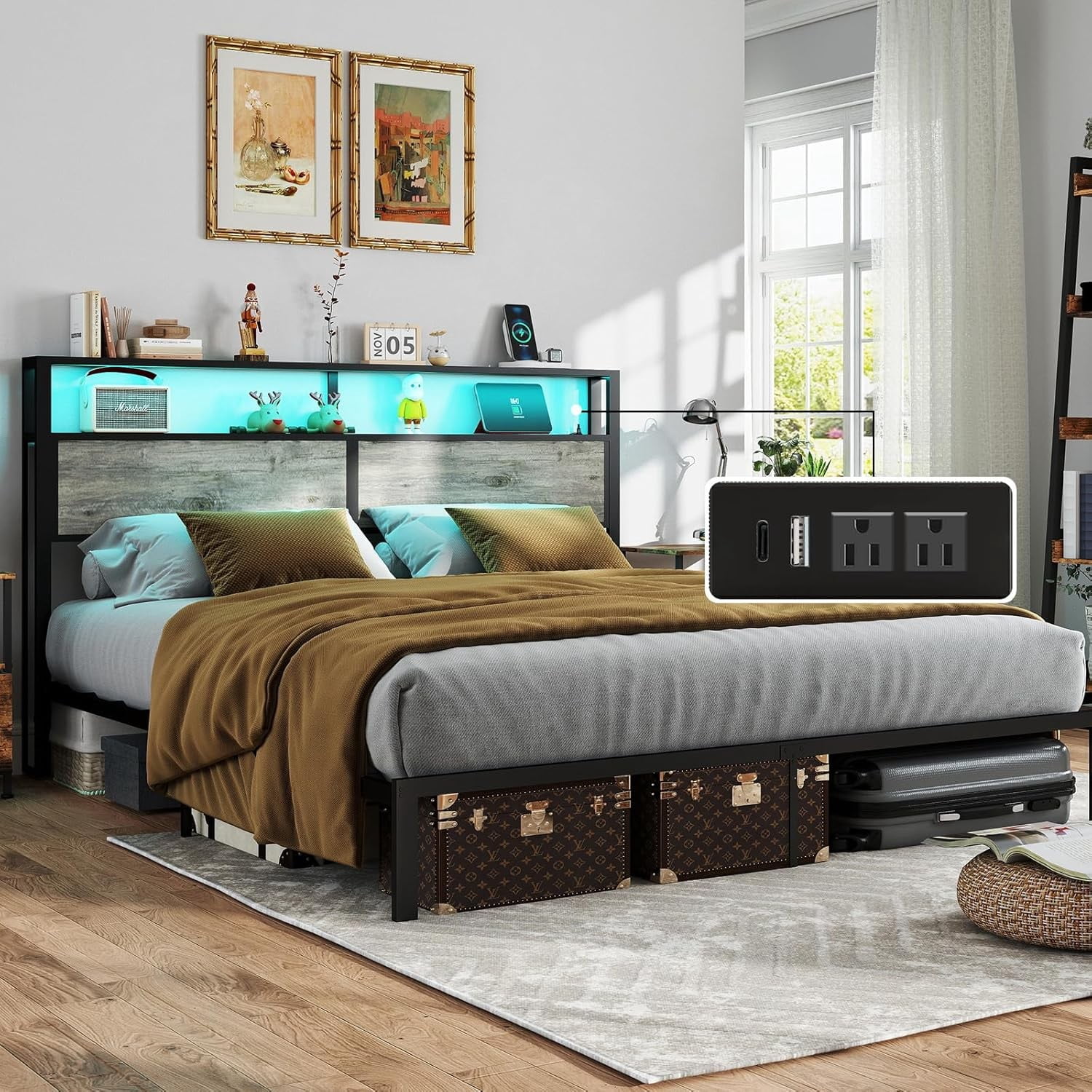 DRNANLIT King Size  Bed Metal Platform Bed Frame with LED Lights Storage Headboard＆Charging Station,Noise Free, Easy Assembly, Rustic Grey