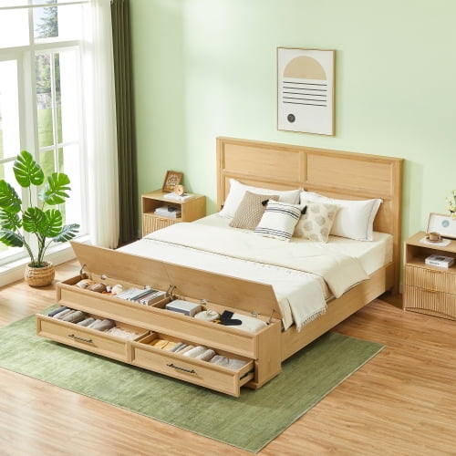 DRNANLIT King Size Bed with 3D Geometric Headboard & Storage Bench, 4-Drawer Storage, Modern Oak Bedroom Furniture